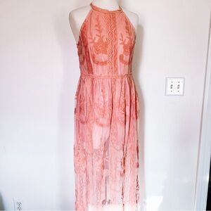 Magnolia Boutique | Light Coral Pink Halter Neck Lace Maxi Romper